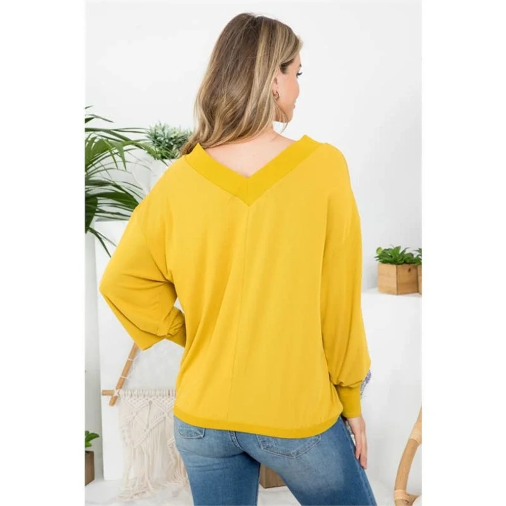 Mustard V-Neck Dolman Sleeve Top - Picture 7 of 8